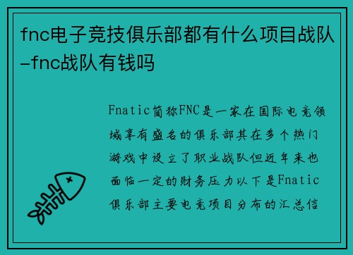 fnc电子竞技俱乐部都有什么项目战队-fnc战队有钱吗
