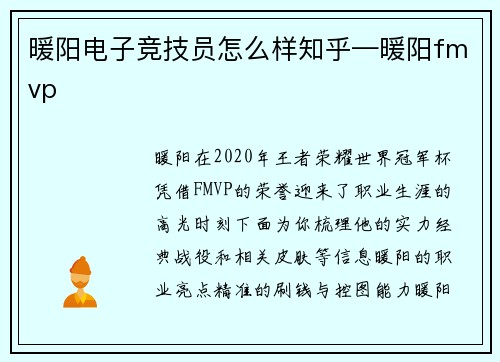 暖阳电子竞技员怎么样知乎—暖阳fmvp